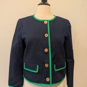 J.Crew Tipped Lady Jacket In Basketweave Navy With Kelly Green Suit Coat Size 10
